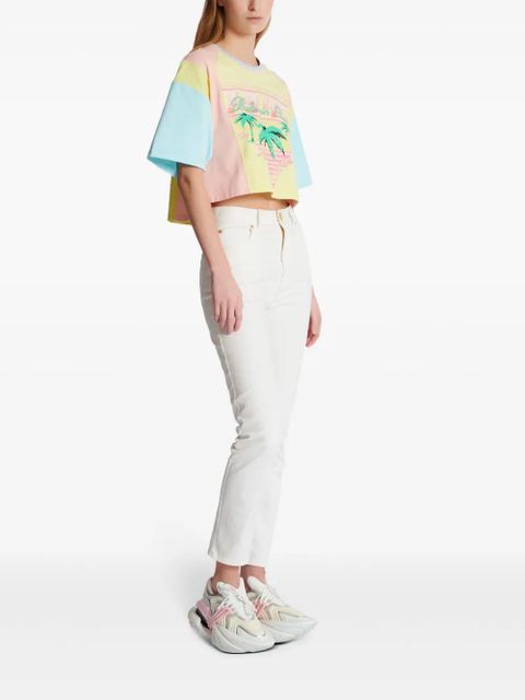 Balmain Palm Tree-print cropped T-shirt - Yellow