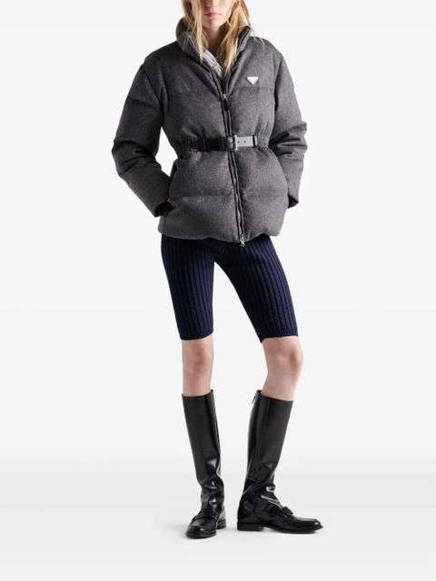 Prada Loden triangle-logo belted puffer jacket - Grey