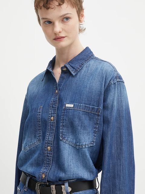 Guess Jeans koszula jeansowa damska kolor granatowy relaxed z kołnierzykiem klasycznym W5YH0D D5M8A