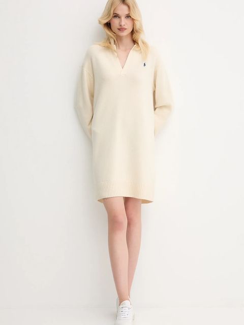 Polo Ralph Lauren sukienka z wełną kolor beżowy mini oversize 211A91143 - zdjęcie produktu nr 2