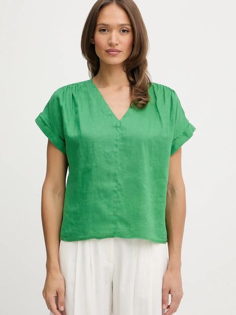 United Colors of Benetton bluzka lniana damska kolor zielony gładka 5BMLDQ0BR - zdjęcie produktu nr 1