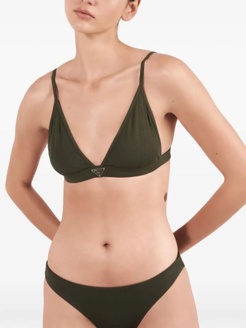 Prada logo-triangle fine-ribbed bikini top - Green