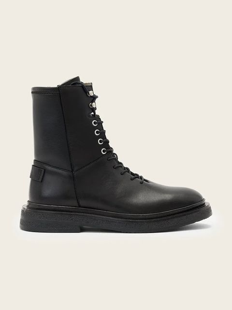 AllSaints workery skórzane Escher Lace Up Boot damskie kolor czarny na płaskim obcasie W084FD - zdjęcie produktu nr 1