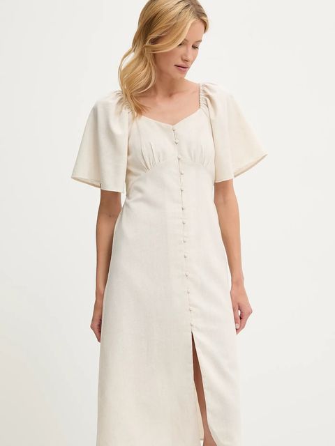 Answear.LAB sukienka z lnem kolor beżowy midi prosta - zdjęcie produktu nr 2