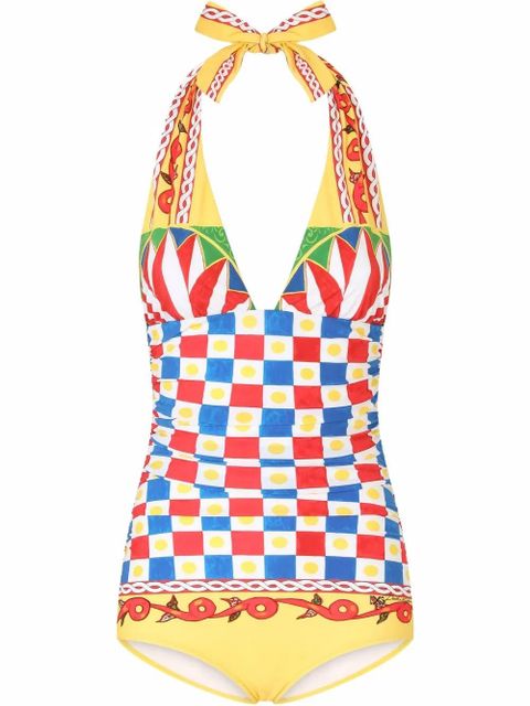 Dolce & Gabbana Carretto-print plunge-neck swimsuit - Yellow - zdjęcie produktu nr 1