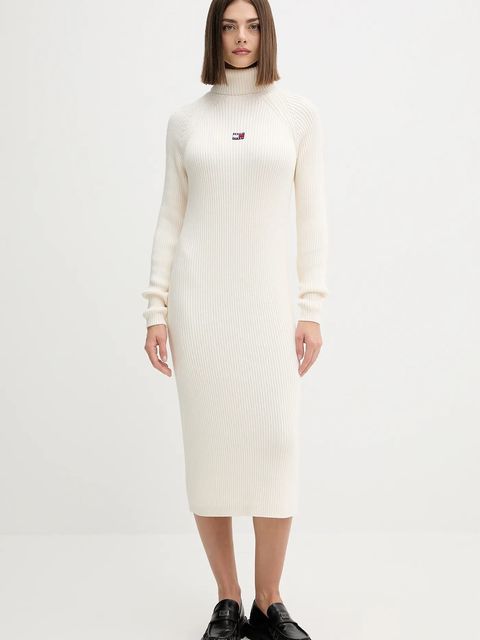 Tommy Jeans sukienka bawełniana kolor beżowy midi dopasowana DW0DW22167 - zdjęcie produktu nr 1