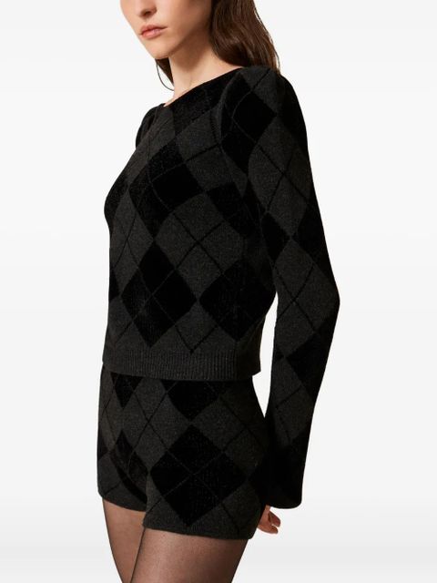 TWINSET puff-sleeve diamond-pattern jumper - Black