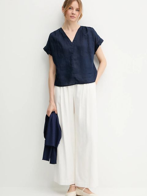 United Colors of Benetton bluzka lniana damska kolor granatowy gładka 5BMLDQ0BR