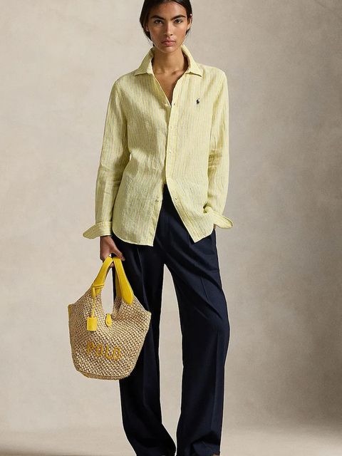 Polo Ralph Lauren koszula lniana damska kolor żółty regular z kołnierzykiem klasycznym 211A96158