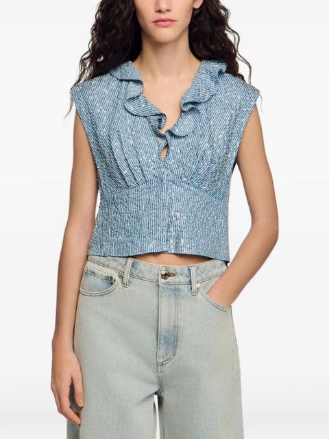 SANDRO ruffled striped top - Blue