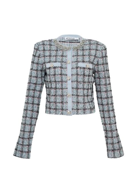 Self-Portrait check-pattern knit cotton cardigan - Blue - zdjęcie produktu nr 1