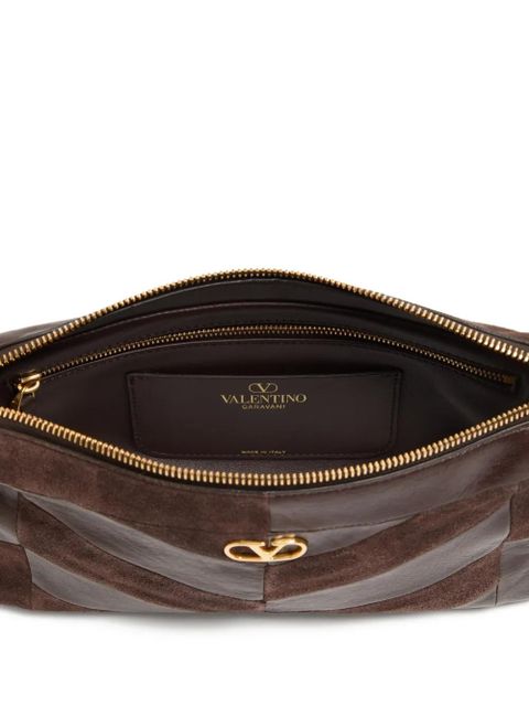 Valentino Garavani Panthea small shoulder bag in suede and nappa with Chevron pattern - Brown