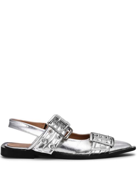 GANNI double-buckled metallic-effect ballerina shoes - Silver - zdjęcie produktu nr 1