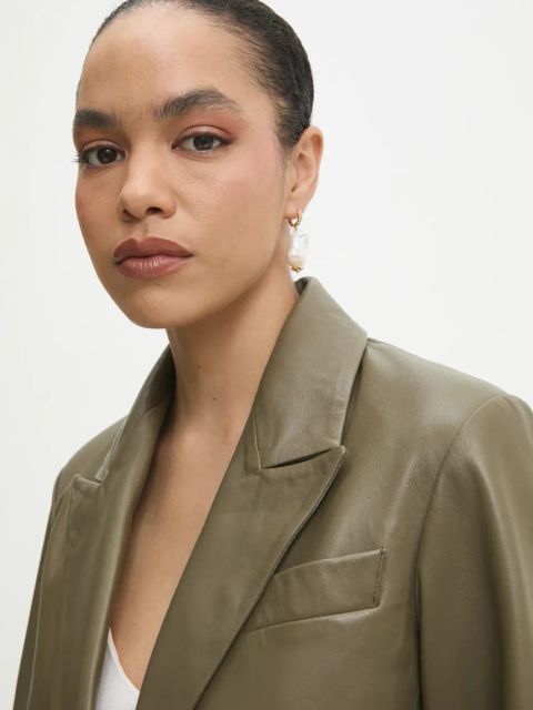 Answear.LAB marynarka skórzana kolor zielony jednorzędowa gładka