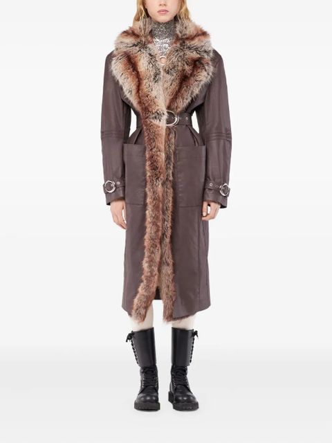 Rabanne fur-trimmed belted coat - Purple
