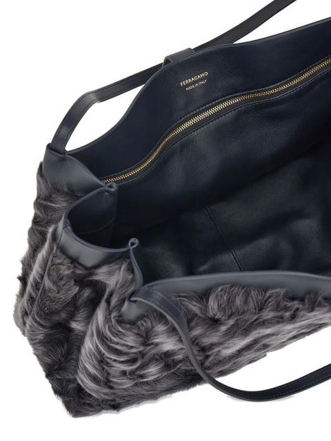 Ferragamo large fur-embellished top-handle tote bag - Grey