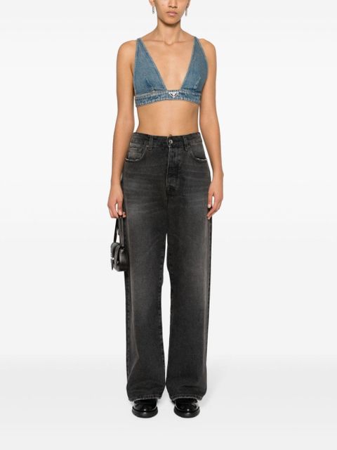 Prada triangle-logo denim crop top - Blue