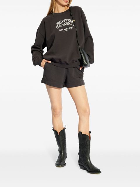 GANNI logo-embroidered organic cotton track shorts - Black