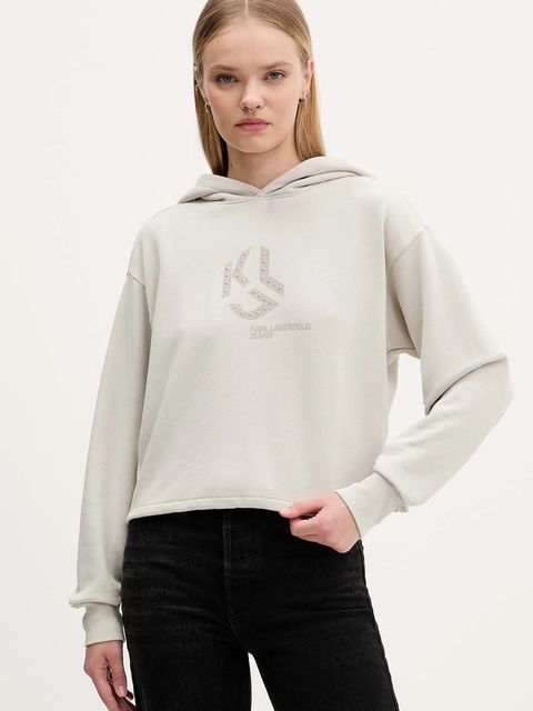 Karl Lagerfeld Jeans bluza bawełniana damska kolor beżowy z kapturem z nadrukiem A4W20004 - zdjęcie produktu nr 1