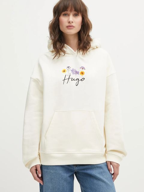 HUGO bluza bawełniana Dalessandra_2 damska kolor beżowy z kapturem z nadrukiem 50555814 - zdjęcie produktu nr 1
