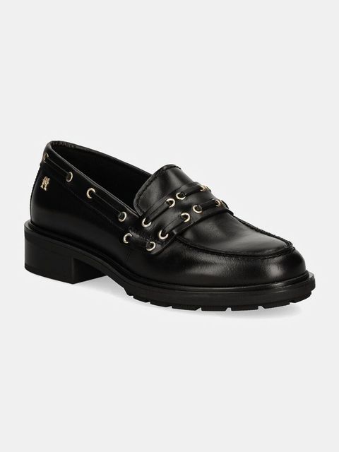 Tommy Hilfiger mokasyny skórzane NAUTICAL EYELETS LEATHER LOAFER damskie kolor czarny na platformie FW0FW08148