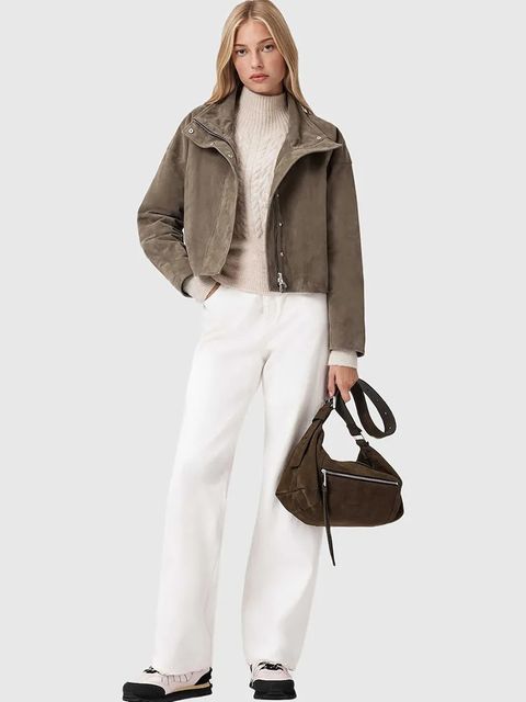 AllSaints kurtka zamszowa kolor beżowy przejściowa W092LD