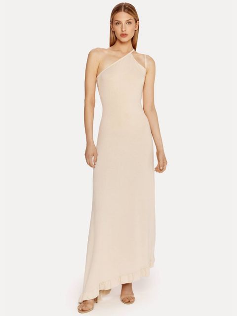 LANA NGUYEN - Beżowa sukienka z asymetrycznym wycięciem Carla