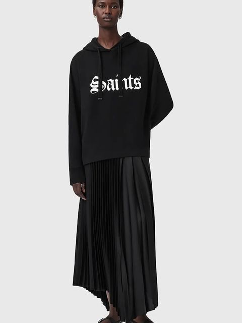 AllSaints bluza bawełniana SAINT damska kolor czarny z kapturem z nadrukiem W140JD