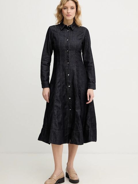 Tommy Hilfiger sukienka jeansowa kolor granatowy midi rozkloszowana WW0WW48520 - zdjęcie produktu nr 1