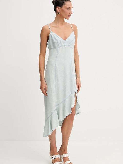 Guess sukienka z domieszką lnu FRANCISCA kolor niebieski mini rozkloszowana W5GK44 D5N81 - zdjęcie produktu nr 1