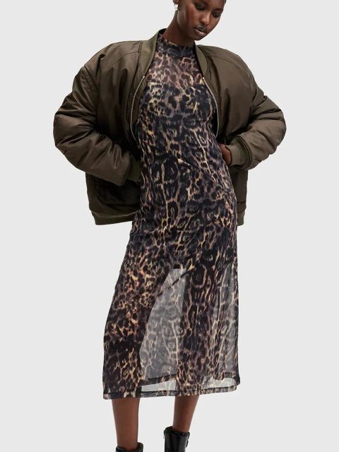 AllSaints sukienka HANNA kolor brązowy midi rozkloszowana W220DB