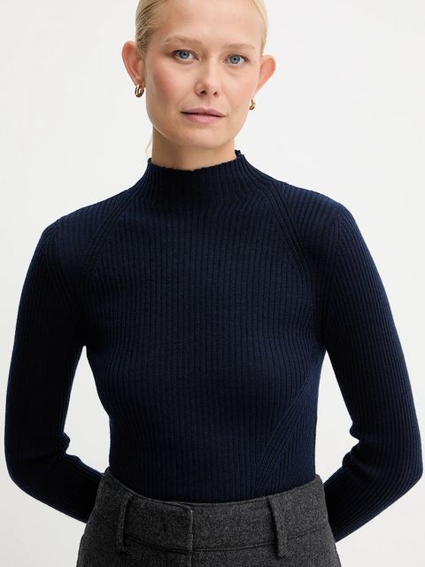 Twinset sweter wełniany damski kolor granatowy lekki z półgolfem 252TT3111