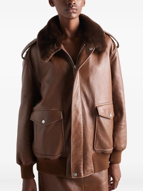 Prada shearling-collar leather jacket - Brown