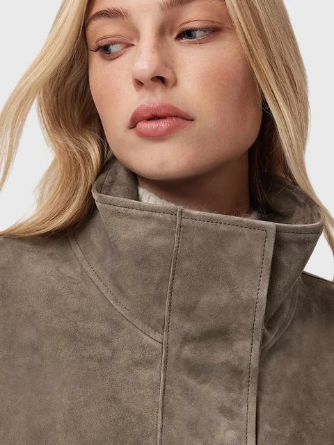 AllSaints kurtka zamszowa kolor beżowy przejściowa W092LD