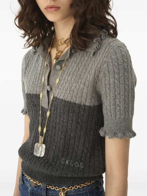 Chloé ruffled cable-knit polo top - Grey