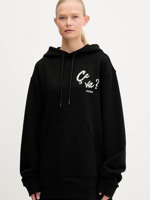 HUGO bluza bawełniana damska kolor czarny z kapturem z nadrukiem 50545201 - zdjęcie produktu nr 1