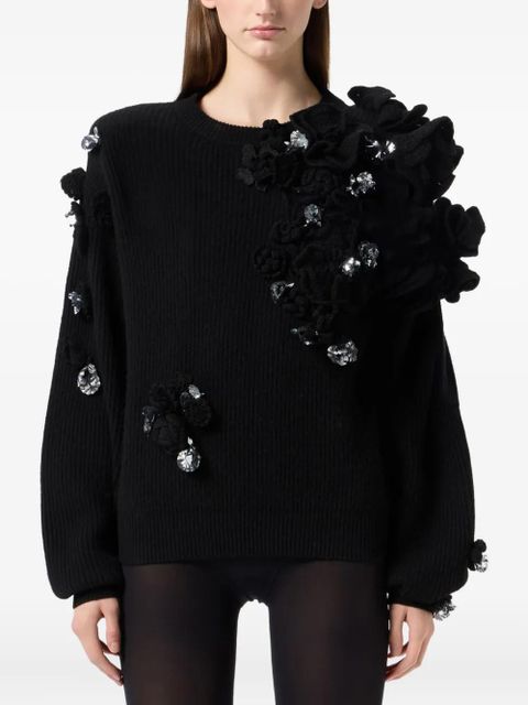 Blumarine flower-embellished ribbed sweater - Black