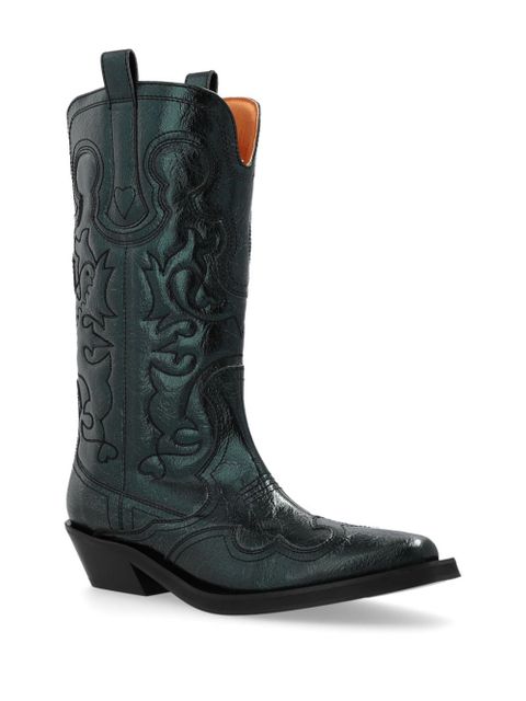 GANNI topstitch-detail cowboy boots - Green