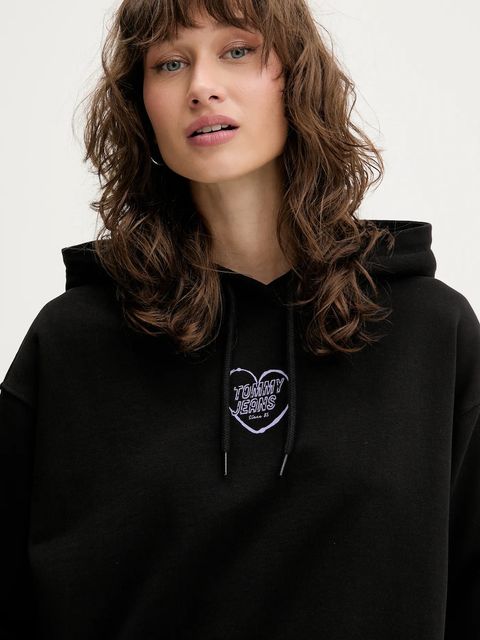 Tommy Jeans bluza bawełniana damska kolor czarny z kapturem z nadrukiem DW0DW21408