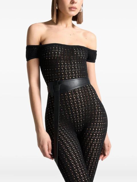 Manière De Voir Martine pointelle-knit Bardot-neck belted jumpsuit - Black