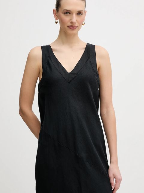 Dkny sukienka lniana kolor czarny maxi rozkloszowana P4KBCZ70