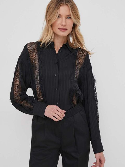 Sisley koszula damska kolor czarny regular z kołnierzykiem klasycznym