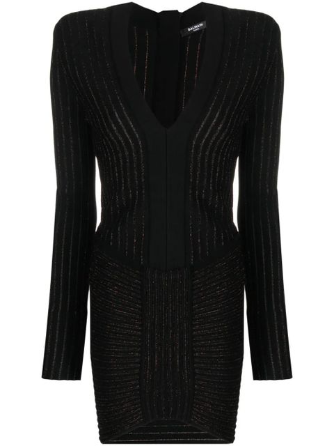 Balmain ribbed V-neck mini dress - Black - zdjęcie produktu nr 1