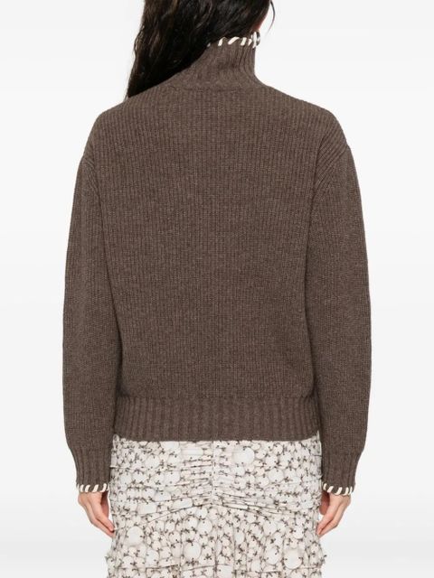 SANDRO ribbed-knit embroidered-pocket sweater - Brown