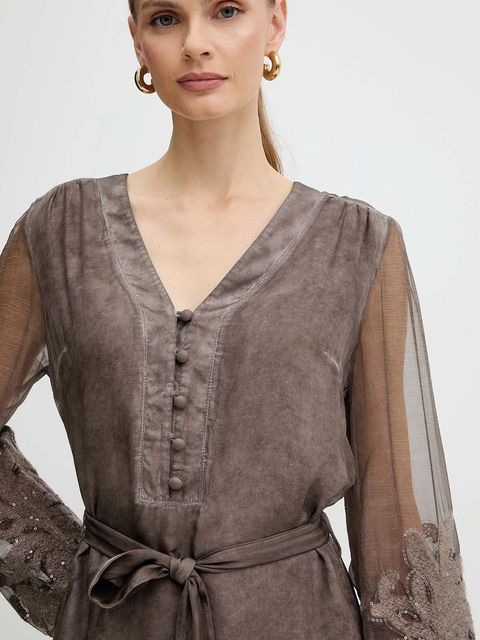 Guess sukienka z dodatkiem jedwabiu CAMILLA kolor brązowy mini prosta W5BK76 WE550