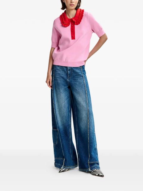 Essentiel Antwerp beaded-embellished ruffled-trim polo top - Pink - zdjęcie produktu nr 2