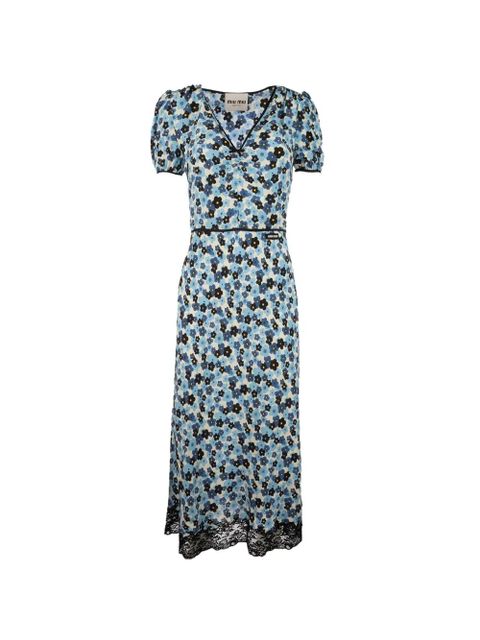 Miu Miu floral-print lace-trim midi dress - White - zdjęcie produktu nr 1