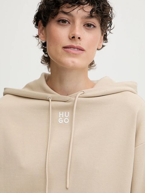 HUGO bluza bawełniana damska kolor beżowy z kapturem z aplikacją 50522423