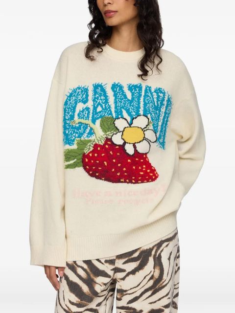 GANNI strawberry-motif intarsia-knit sweater - Neutrals