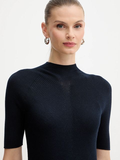 BOSS t-shirt wełniany damski kolor granatowy z półgolfem 50542885